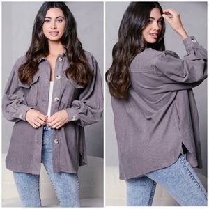 PEACH LOVE CALIFORNIA On Trend Oversized Gray Corduroy Shacket